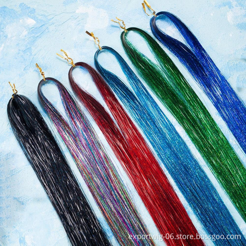 Hair Tinsel Glitter 120cm 48inch laser Synthetic Hair Extension Glitter Rainbow For Girls And Party
